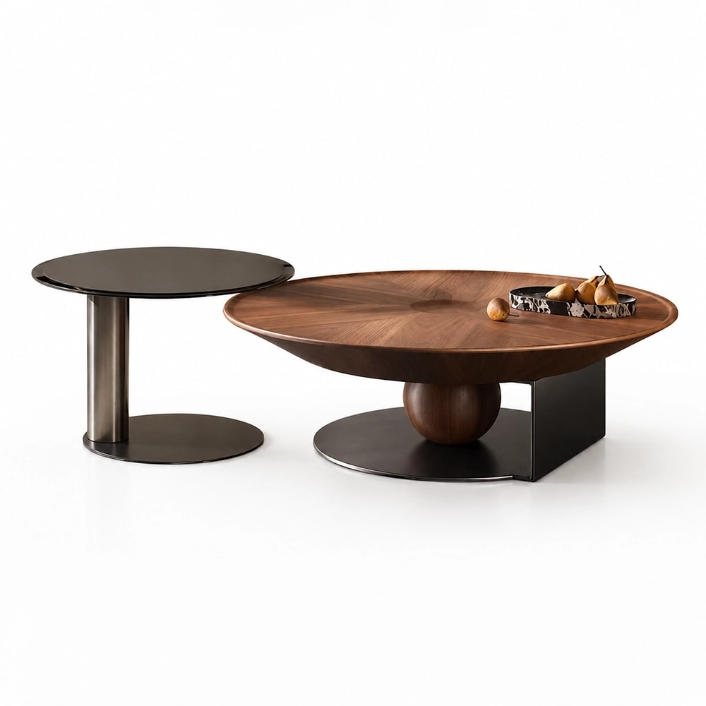 Circular Walnut & Travertine Coffee Table lifestyle 1
