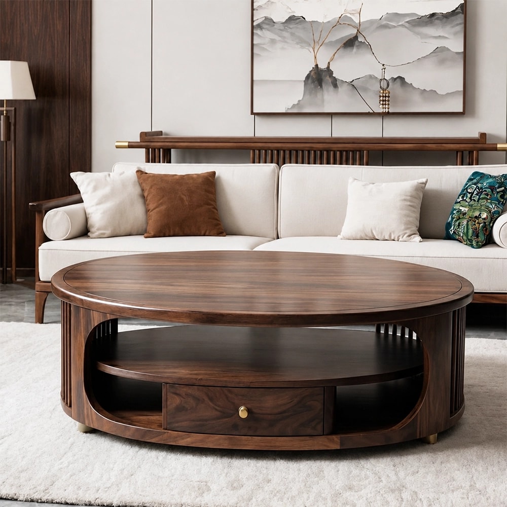 Zen-Inspired Solid Black Walnut Oval Coffee Table with Storage lifestyle 1