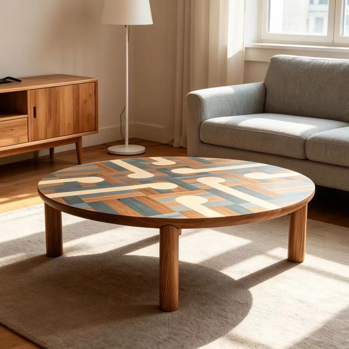 Wood Inlay Round Coffee Table lifestyle 1