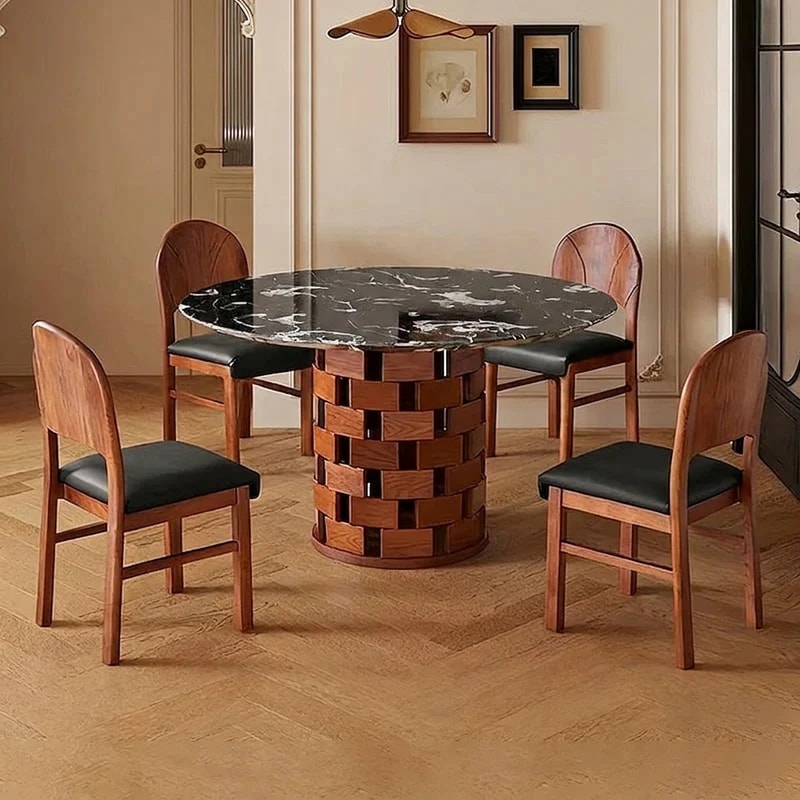 Black Marble & Wood Round Dining Table lifestyle 1