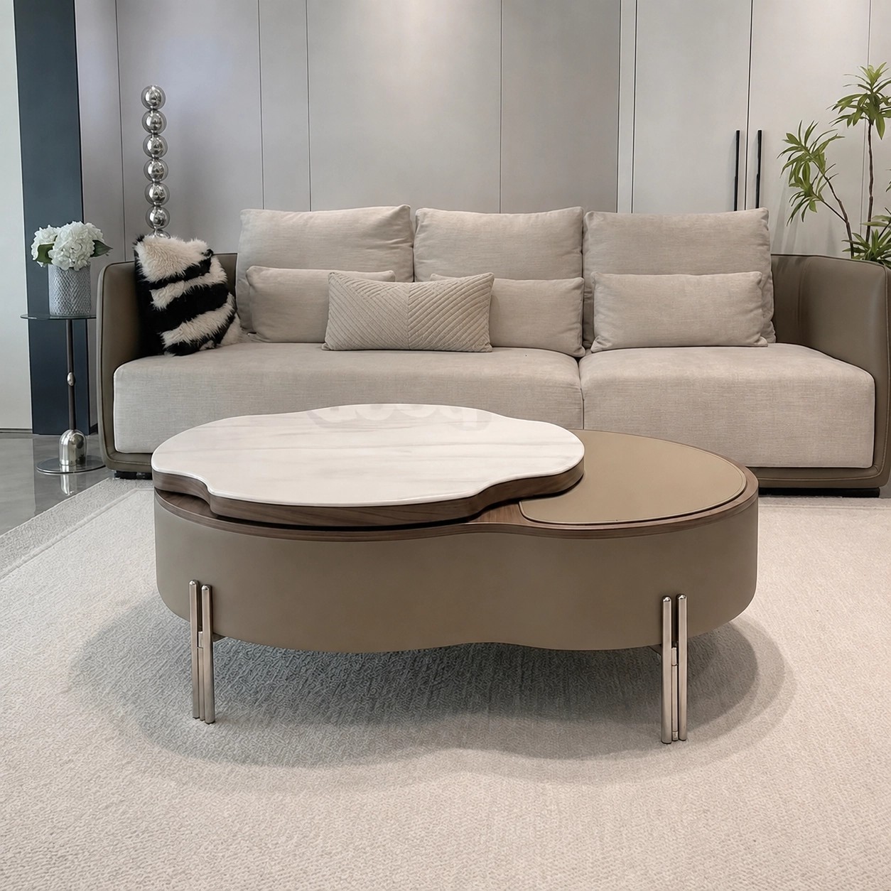 Minimalist Khaki Faux Leather Lift-Top Rotating Coffee Table lifestyle 1