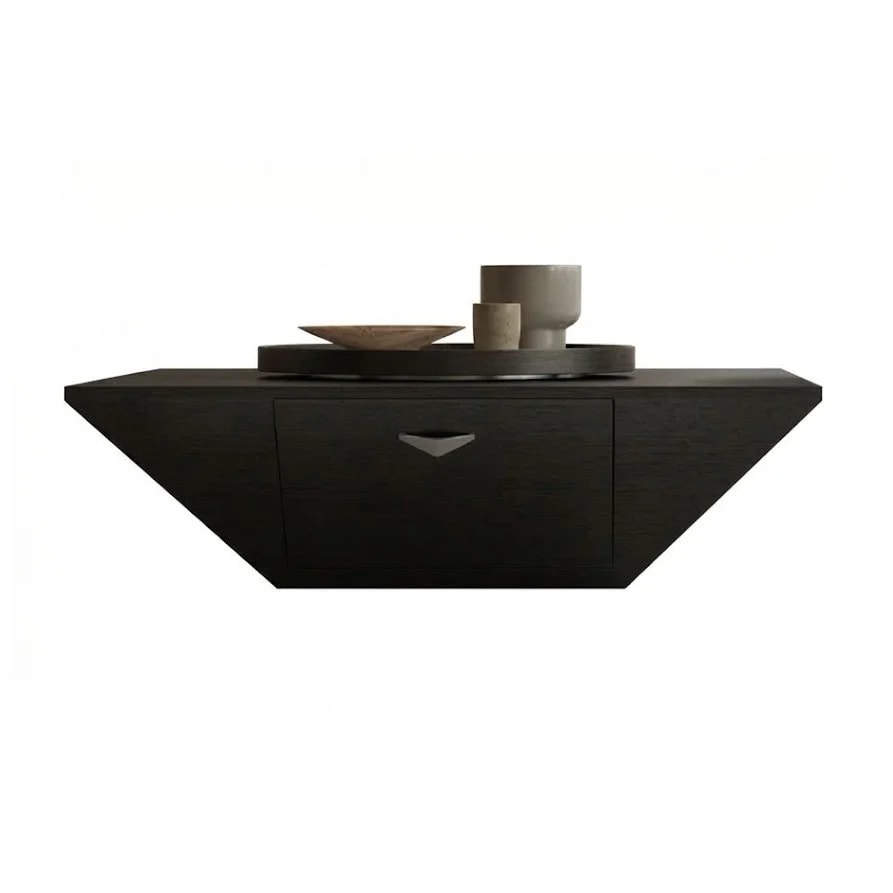 Minimalist Geometric Smoked Wood Coffee Table with Drawers lifestyle 1