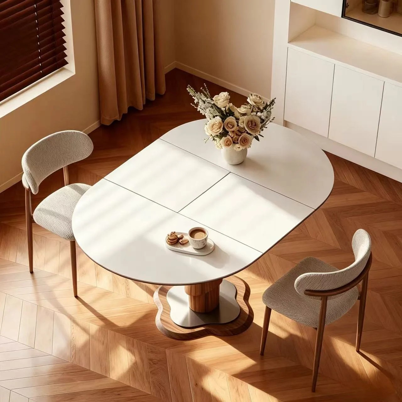 Wabi-Sabi Style Oval Extendable Solid Wood & Sintered Stone Dining Table with Storage lifestyle 1