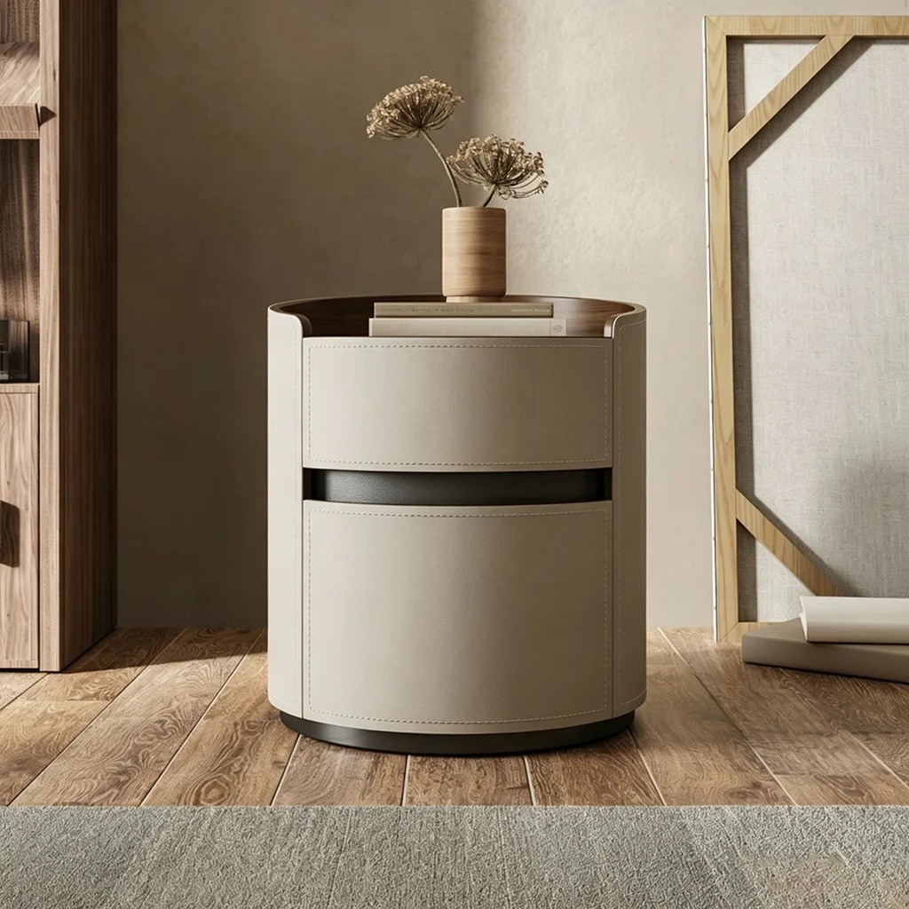 Round Nightstand with Leather Top lifestyle 1