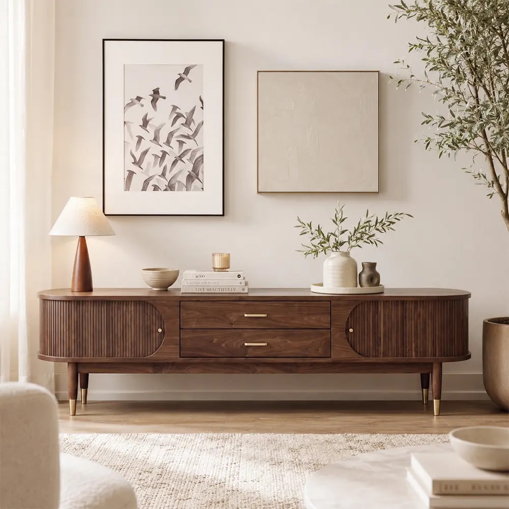 Walnut Media Console with Curtain Doors lifestyle 1