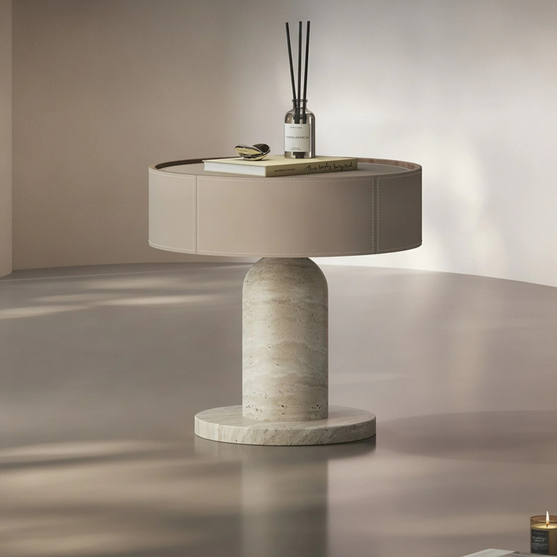 Travertine & Saddle Leather Nightstand lifestyle 1