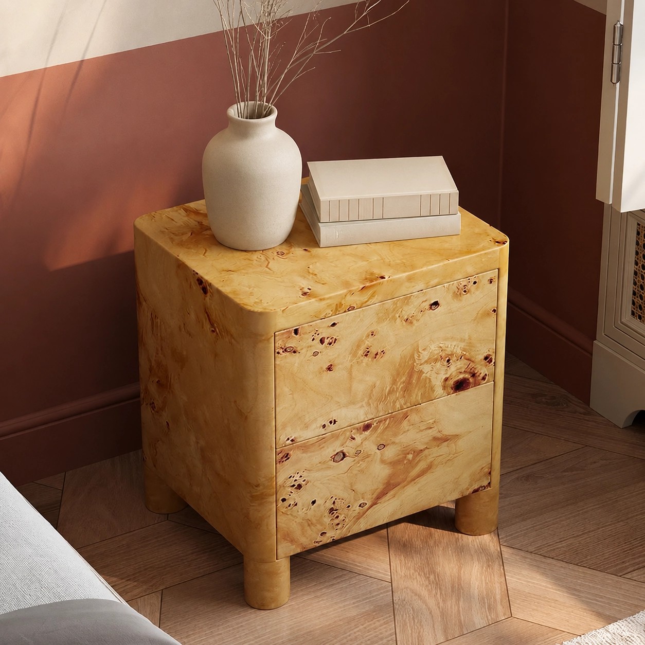 Natural Burl Wood Nightstand lifestyle 3
