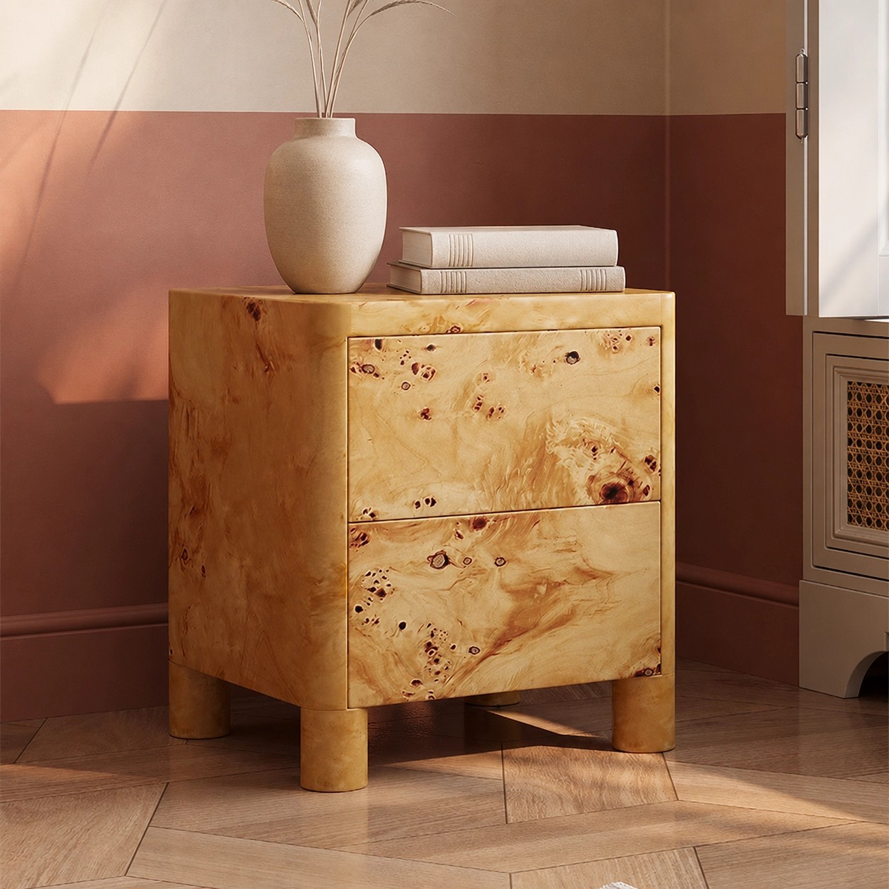 Natural Burl Wood Nightstand lifestyle 2