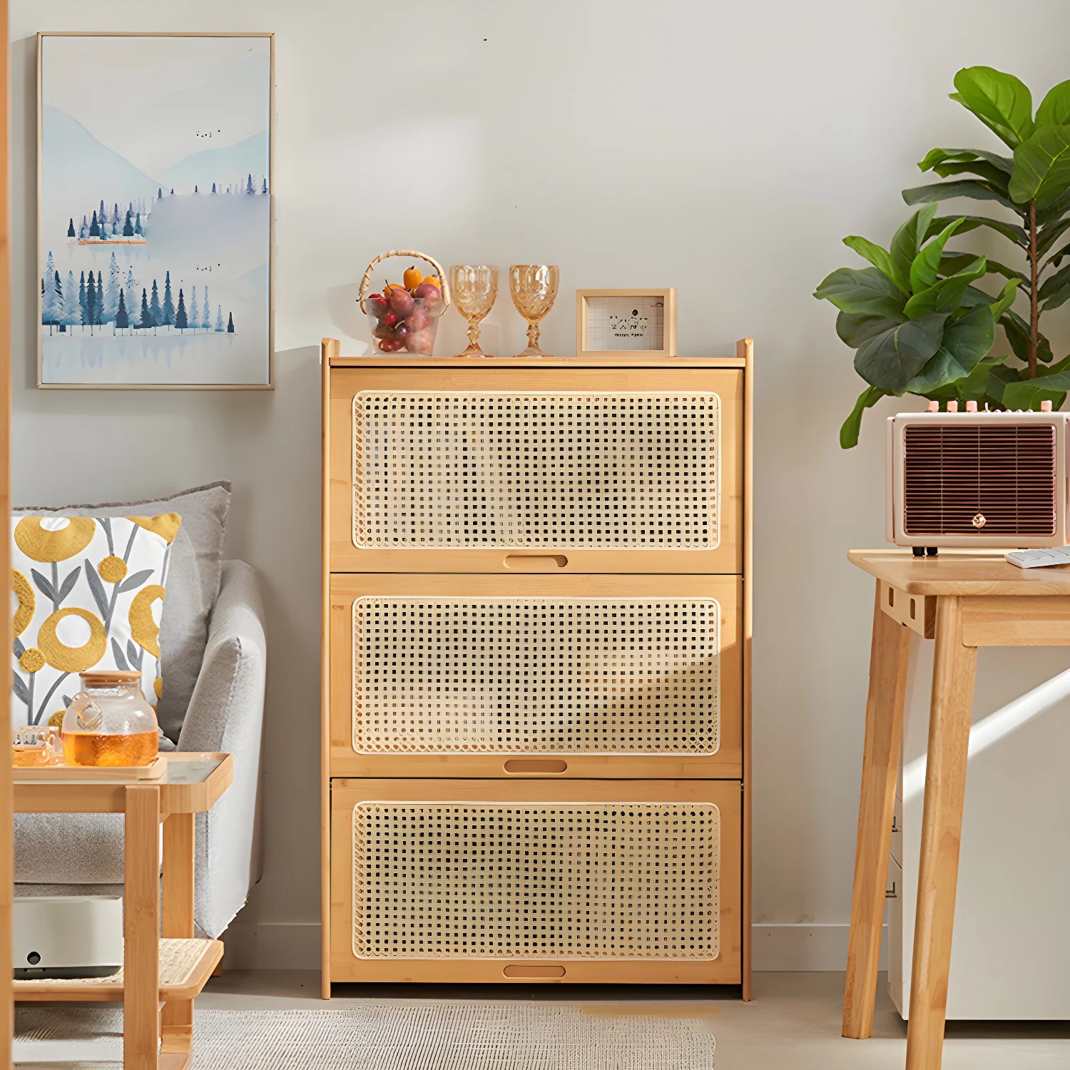 Modern Accent Cabinet with Rattan Doors lifestyle 1