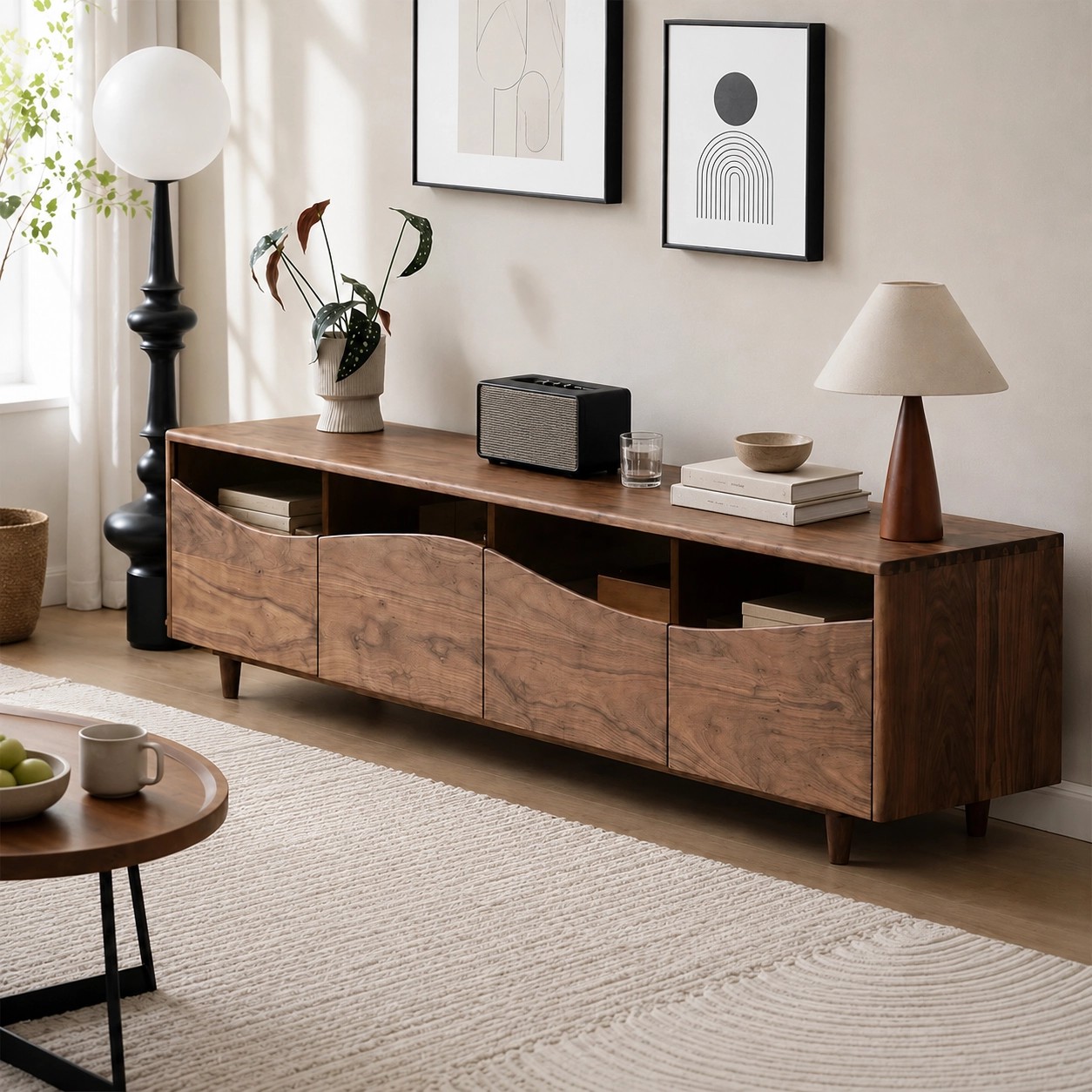 Minimalist Walnut TV Console with Light lifestyle 2