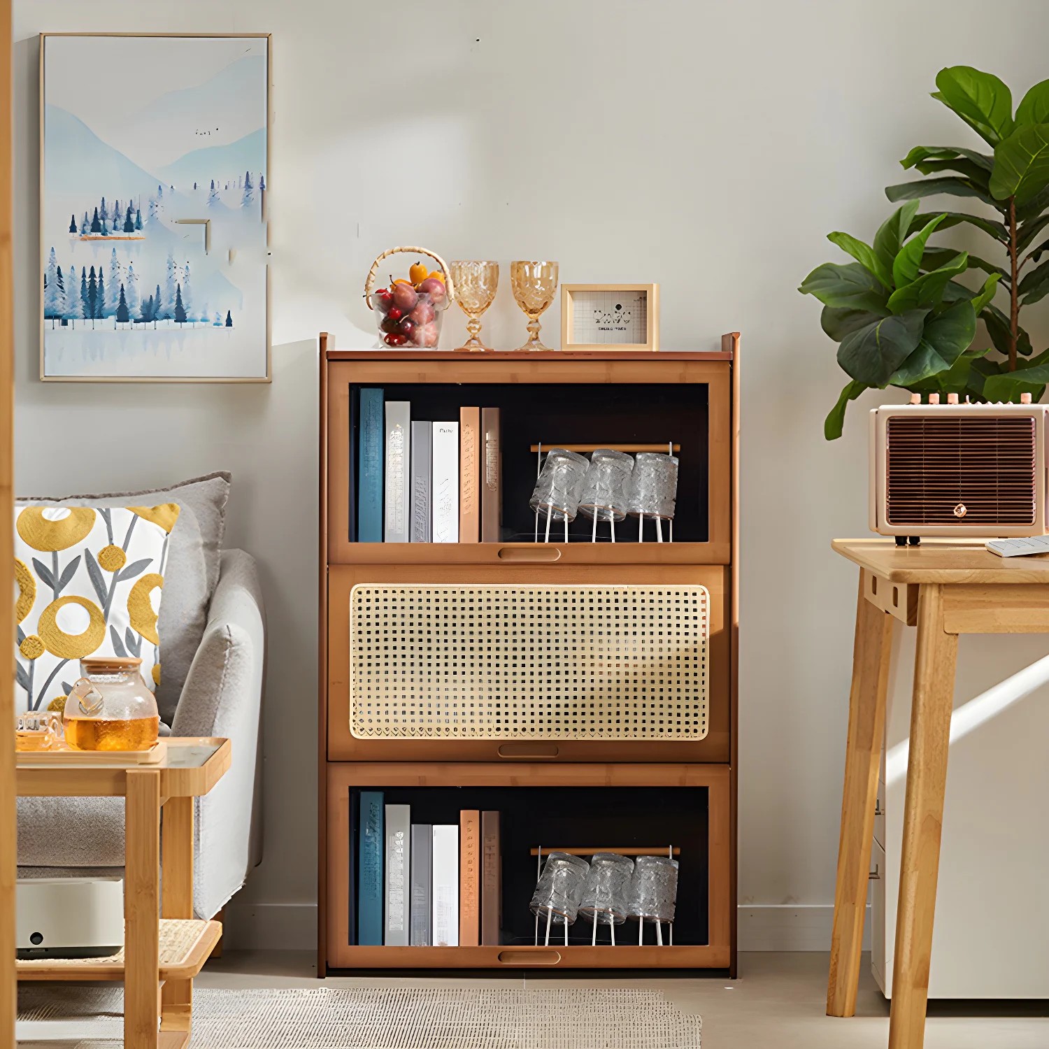 Modern Accent Cabinet with Rattan Doors lifestyle 1