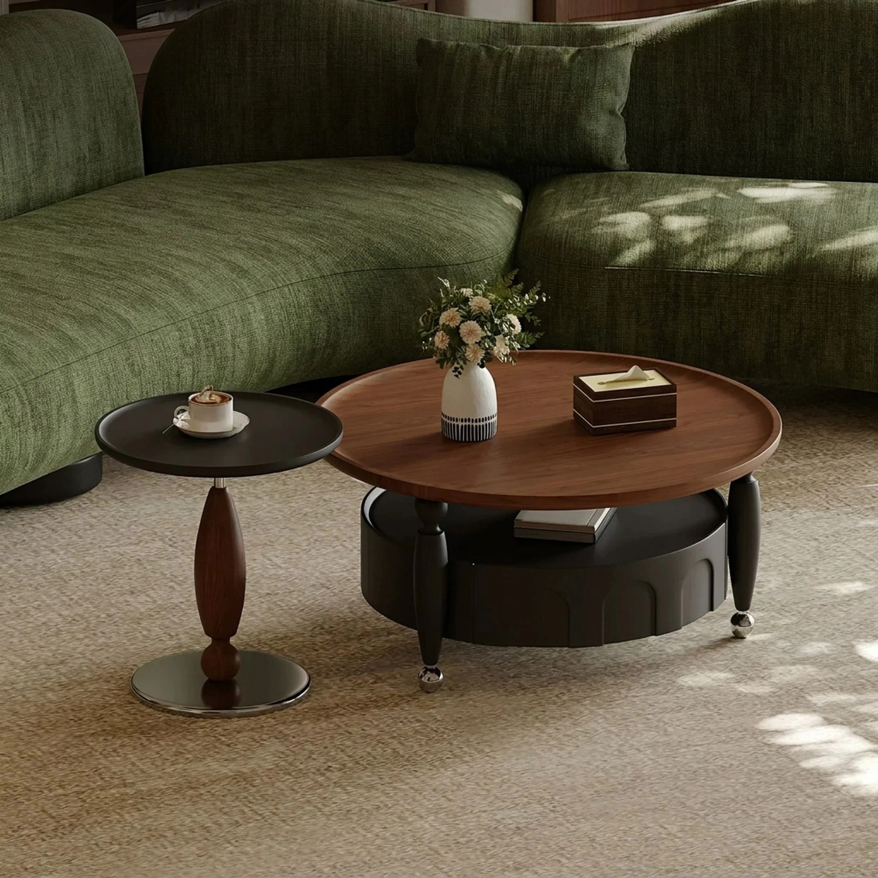 Round Coffee Table with Walnut Veneer Finish & Storage lifestyle 1