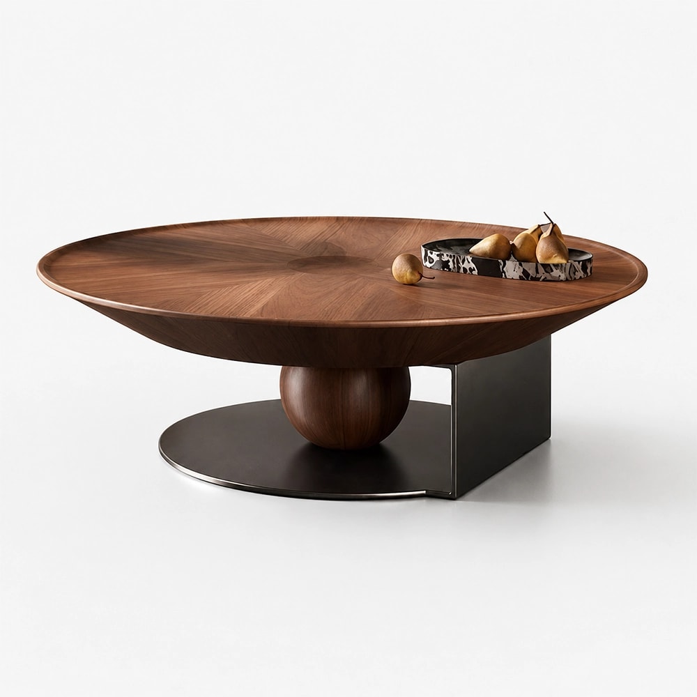 Round Walnut Veneer Coffee Table with Steel Base lifestyle 1