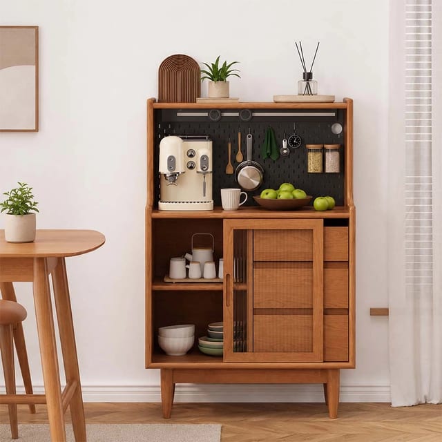 31.5" Scandinavian Solid Wood and Glass Coffee Cabinet with Drawers