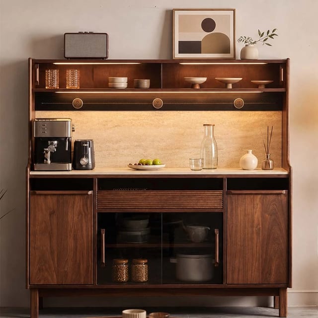 59.1" Japandi Sintered Stone and Solid Wood Coffee Cabinet with Glass Door