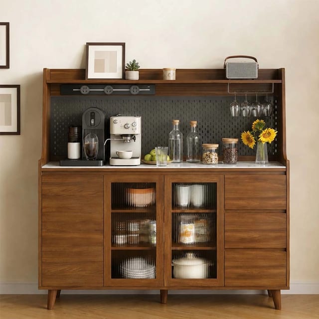 55.1" Mid-Century Modern Plywood and Glass Coffee Cabinet with Drawers