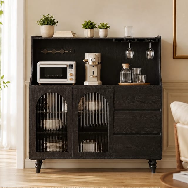 51.2" Contemporary Engineered Wood and Glass Coffee Cabinet with Drawers