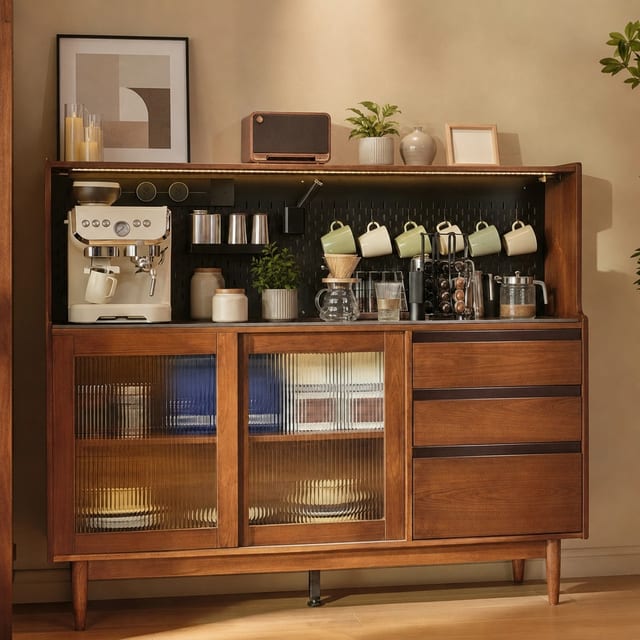 63" Mid-Century Modern Sintered Stone and Solid Wood Coffee Cabinet with Drawers
