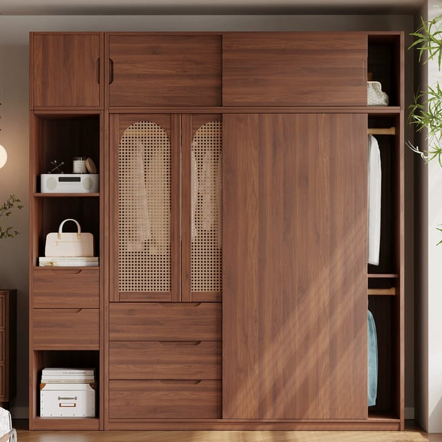 63" Japandi Wood Veneer Wardrobe & Armoires with Sliding Doors