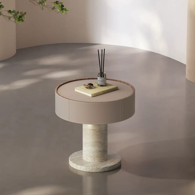 18.9" Contemporary Travertine and Saddle Leather Nightstand with Round Design