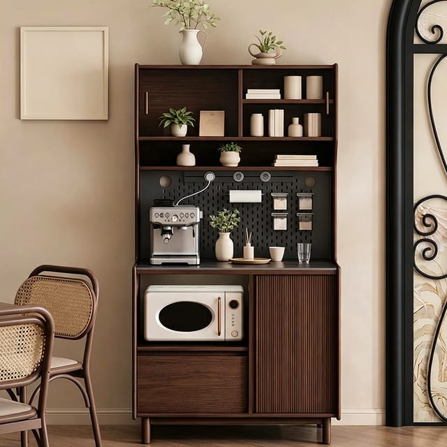 31.5" Japandi Solid Wood and Plywood Coffee Cabinet with Open Shelf