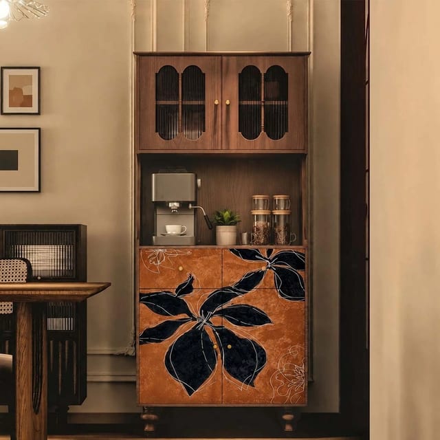 32.7" Mid-Century Modern Solid Wood and Glass Coffee Cabinet with Open Shelf