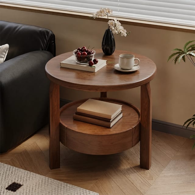 15.7" Japandi Solid wood Round Side Table