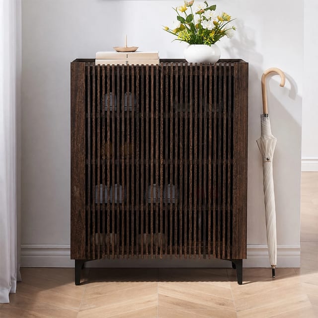 28.7" Japandi Solid Wood Shoe Cabinet with Doors