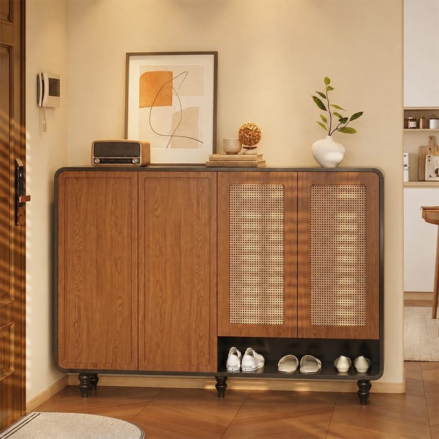 56.3" Scandinavian Solid Wood and Rattan Shoe Cabinet with Doors