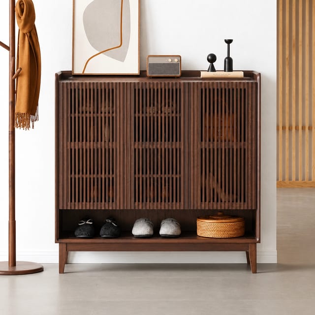 43.3" Japandi Solid Wood Shoe Cabinet with Doors