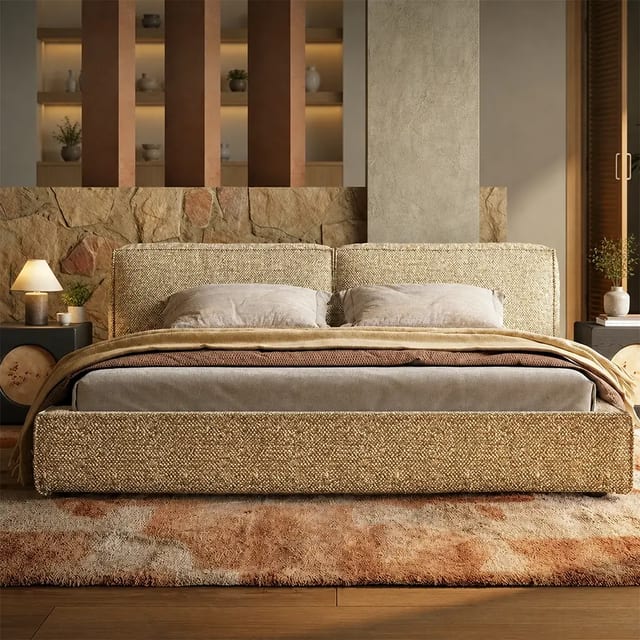 91.3" Solid wood Cotton Linen 'Tofu Block' Bed