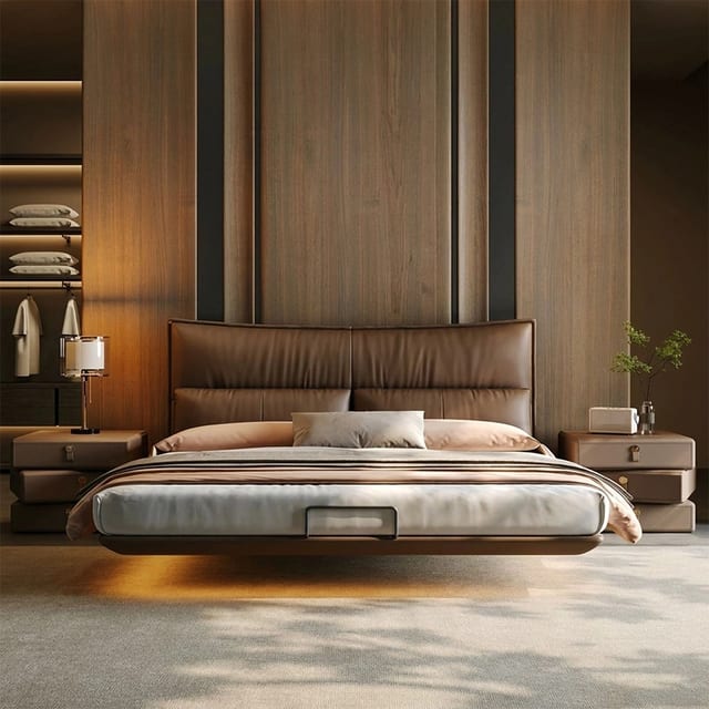81.9" Solid wood Floating Bed with Integrated Lighting