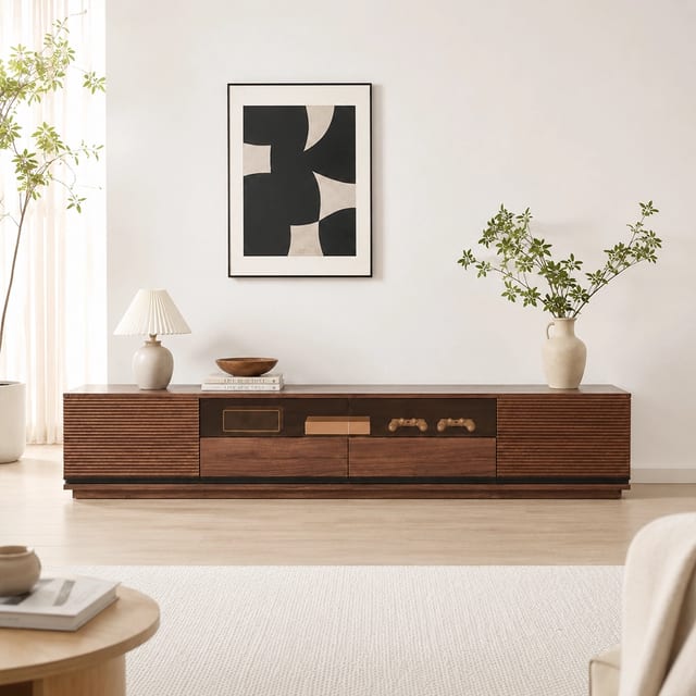 63" Contemporary Solid Wood TV Stand with Drawers