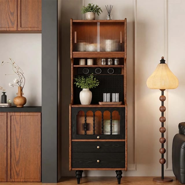 23.6" Luxury Solid Wood and Glass Coffee Cabinet with Open Shelf