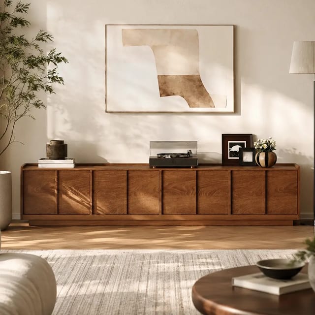 86.6" Japandi Engineered Wood TV Stand with Cabinets