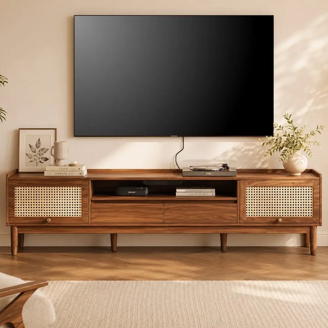 63" Mid-Century Modern Engineered Wood and Rattan TV Stand with Storage