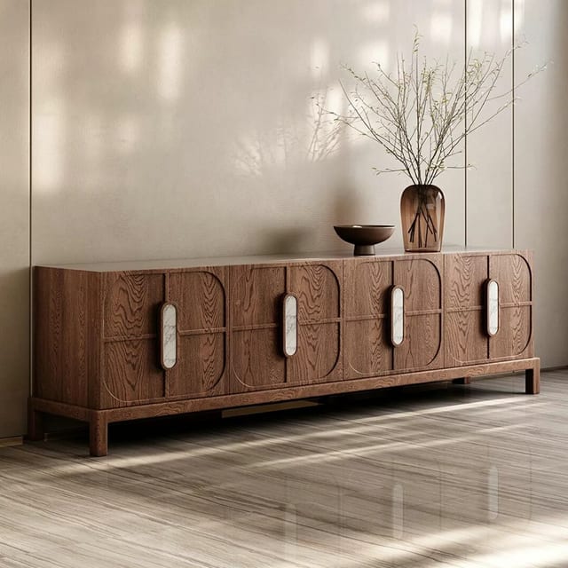 70.9" Japandi Solid Wood TV Stand with Cabinets