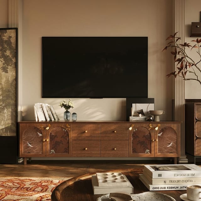 78.7" Japandi Solid Wood TV Stand with Drawers