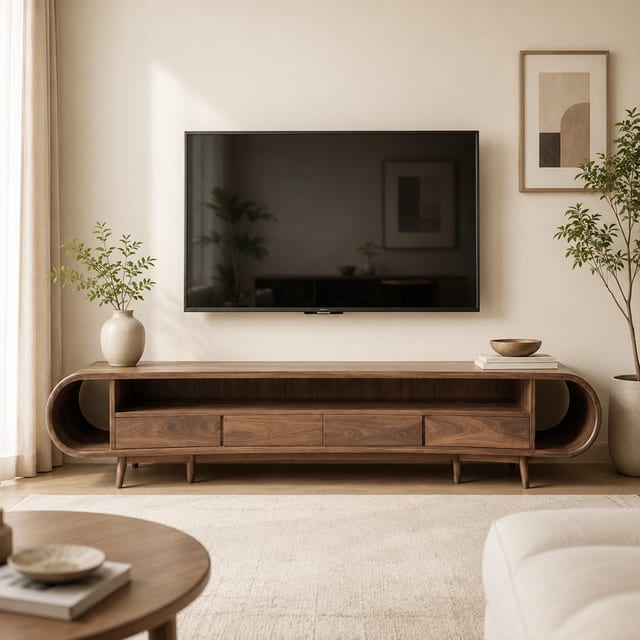 86.6" Mid-Century Modern Solid Wood TV Stand with Storage