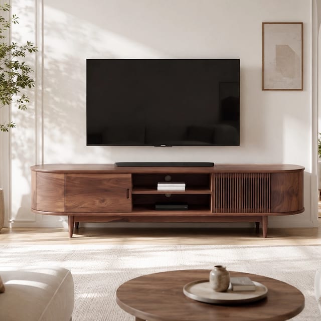 70.9" Mid-Century Modern Solid Wood TV Stand with Cabinets