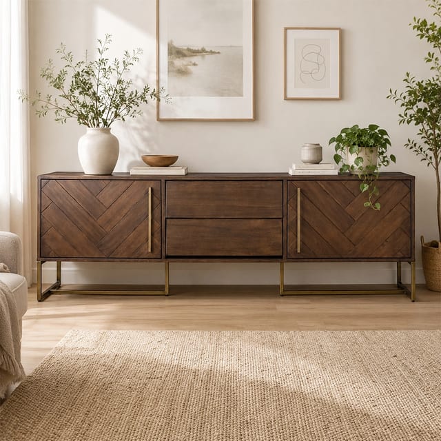 63" Contemporary Solid Wood TV Stand with Drawers