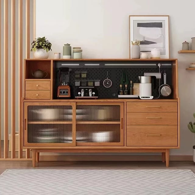 47.2" Scandinavian Solid Wood and Glass Coffee Cabinet with Drawers