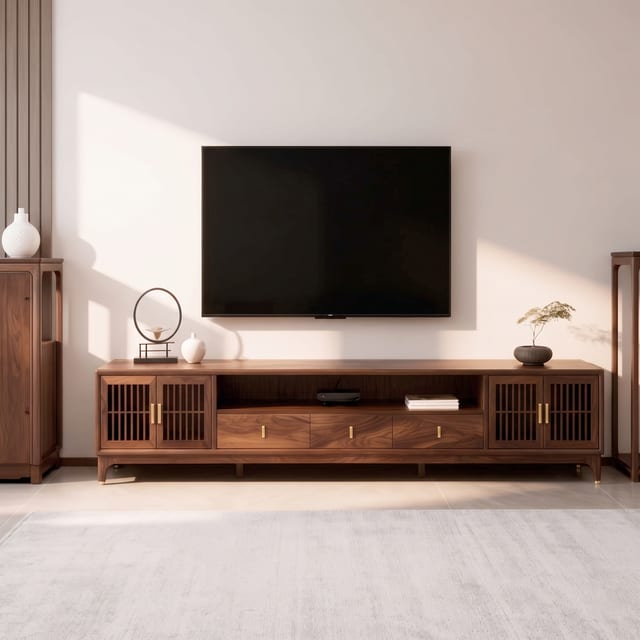 86.6" Japandi Solid Wood TV Stand with Drawers