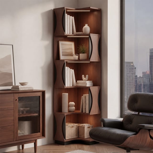 71.7" Contemporary Plywood Corner Cabinet with Open Shelves