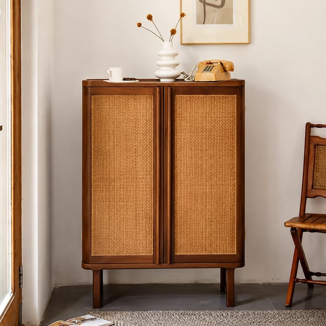 33.9" Japandi Solid Wood and Rattan Shoe Cabinet with Doors