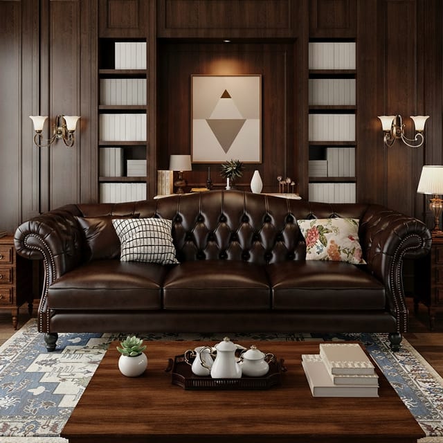 66.9" Luxury Leather Tufted Sofa