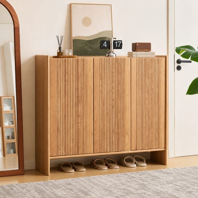 43.3" Japandi Solid Wood Shoe Cabinet with Doors