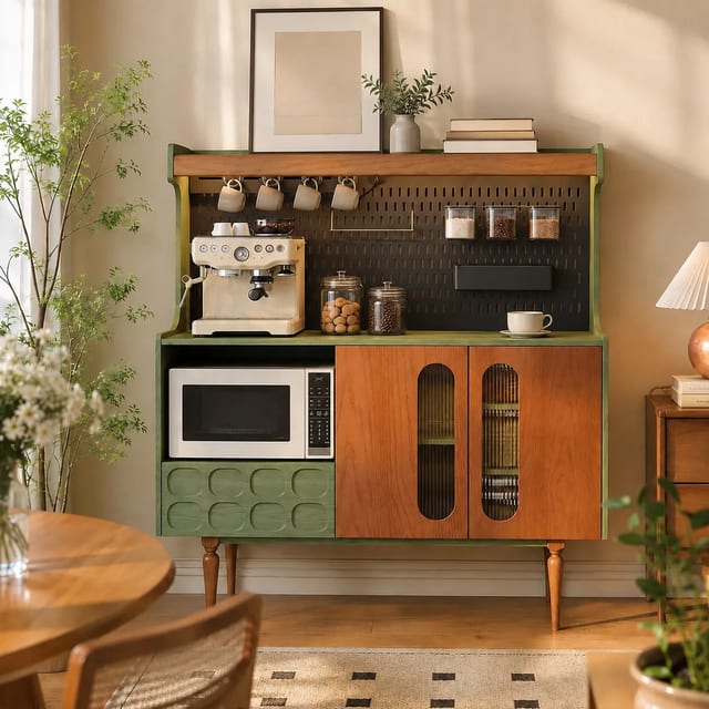 48.4" Mid-Century Modern Engineered Wood and Glass Coffee Cabinet with Open Shelf