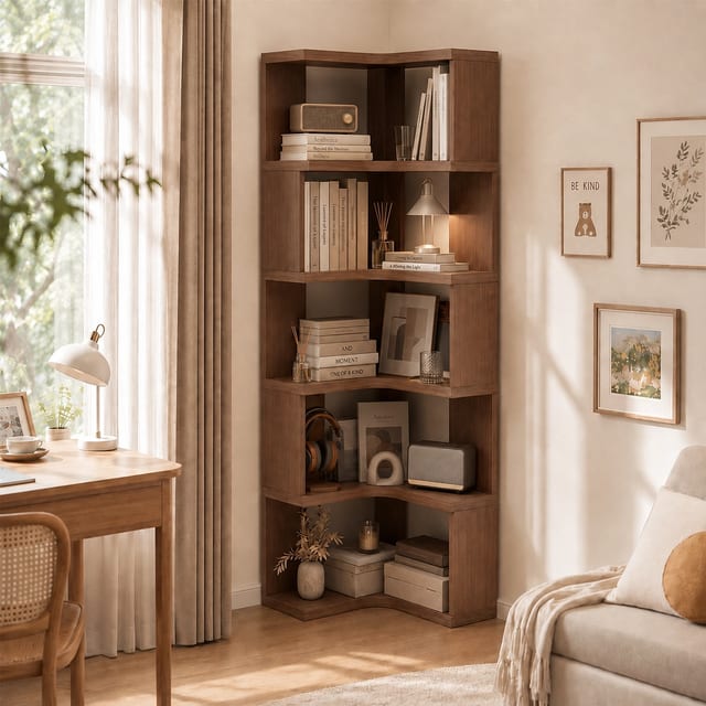67.3" Modern Solid Wood Corner Cabinet with Open Shelves