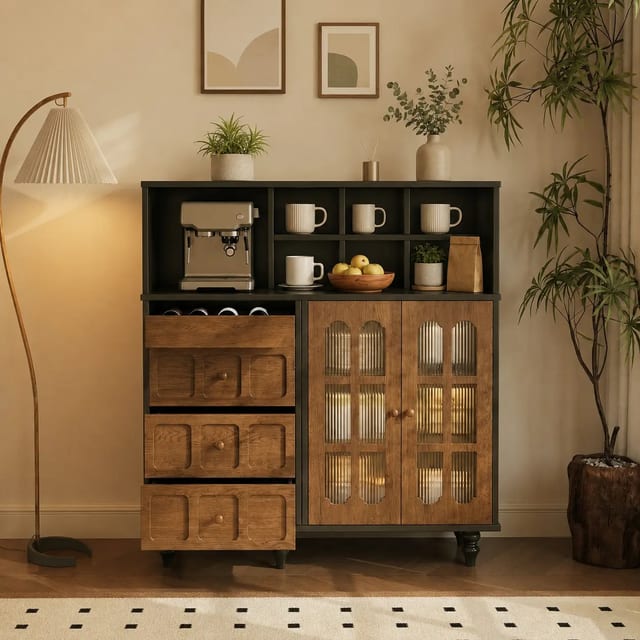 46.8" Contemporary Solid Wood and Engineered Wood Coffee Cabinet with Drawers